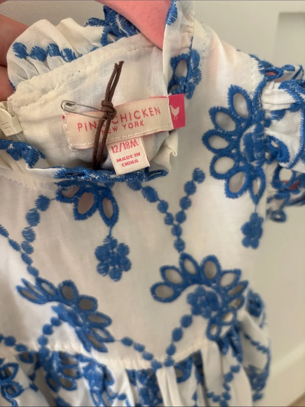 Pink Chicken White Dress with Blue Floral Embroidery